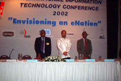Prof. Samaranayake, as Chairman Infotel, at the inauguration of the International IT Conference 2002 with Chief guest Minister Milinda Moragoda and David Dominic, Executive Director, Infotel Lanka Society.