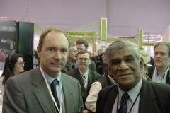 With Tim Burnes Lee the inventor of the World Wide Web at the CERN stall, WSIS Geneva 2003 (Wolfgang was a Lecturer at the first Asian College on Microprocessors organized by Prof Samaranayake in Sri Lanka in May 1984 with the assistance of ICTP, Trieste and CERN )
