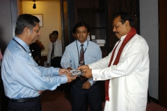 Mr S S P Mahanama handed over a free copy of Mahanamas Sinhala Word Processor to Mr Mahinda Rajapaksa at the Parliament Premise on the 06th July 2005