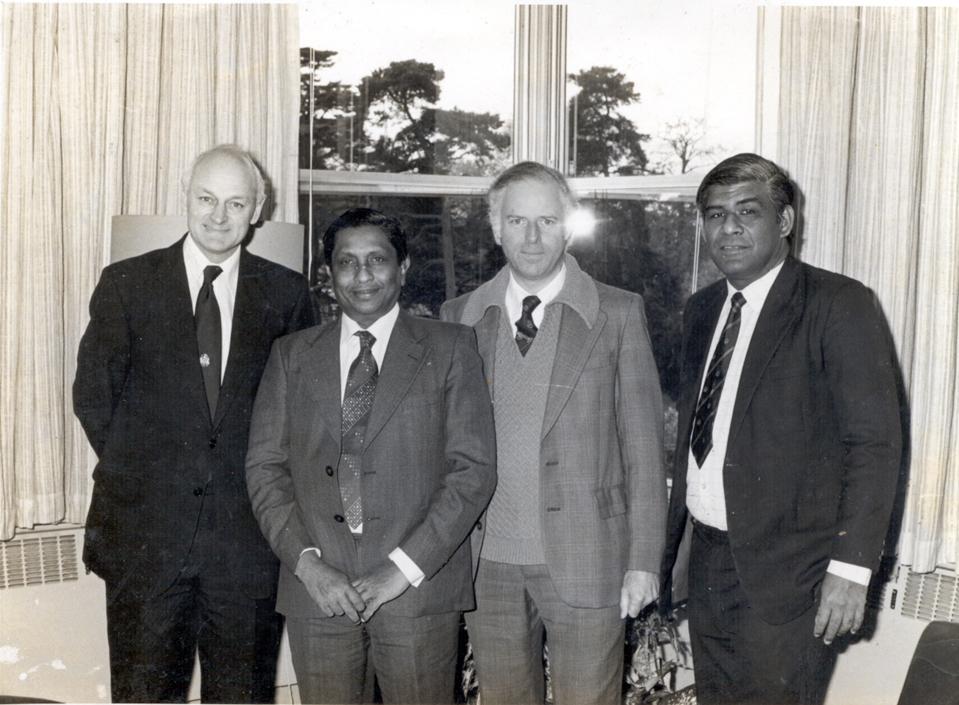During visit of Vice Chanceelor, University of Colombo to the University of Reading May 1980. From Left to Right: Prof. Evan Page , Vice Chancellor University of Reading, Late Prof. Stanley Wijesundera, Vice Chancellor, University of Colombo, Prof. Robert Curnow, Head, Dept of Applied Statistics, University of Reading and Prof. V. K. Samaranayake, Professor of Mathematics, University of Colomb