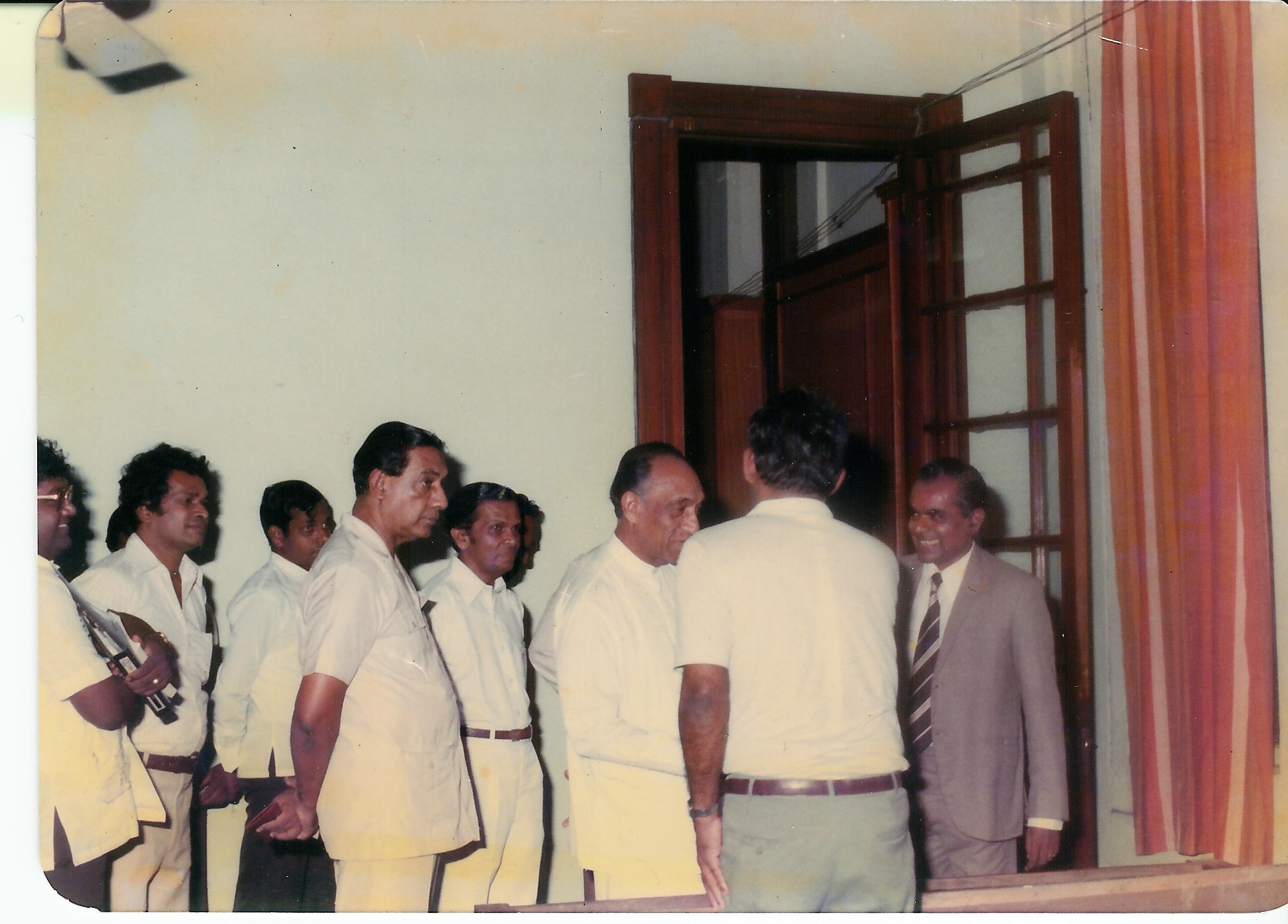 Visit of Prime Minister J.R. Jayawardana to the Election Office before the announcement of the final result. In the picture are Mr. H. W. Jayawardena, Prof. V. K. Samaranayake and Mr. Chandrananda de Silva, Commissioner of Elections.