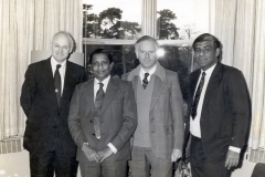 During visit of Vice Chanceelor, University of Colombo to the University of Reading May 1980. From Left to Right: Prof. Evan Page , Vice Chancellor University of Reading, Late Prof. Stanley Wijesundera, Vice Chancellor, University of Colombo, Prof. Robert Curnow, Head, Dept of Applied Statistics, University of Reading and Prof. V. K. Samaranayake, Professor of Mathematics, University of Colomb