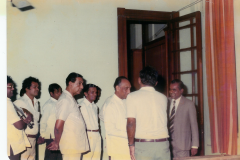 Visit of Prime Minister J.R. Jayawardana to the Election Office before the announcement of the final result. In the picture are Mr. H. W. Jayawardena, Prof. V. K. Samaranayake and Mr. Chandrananda de Silva, Commissioner of Elections.